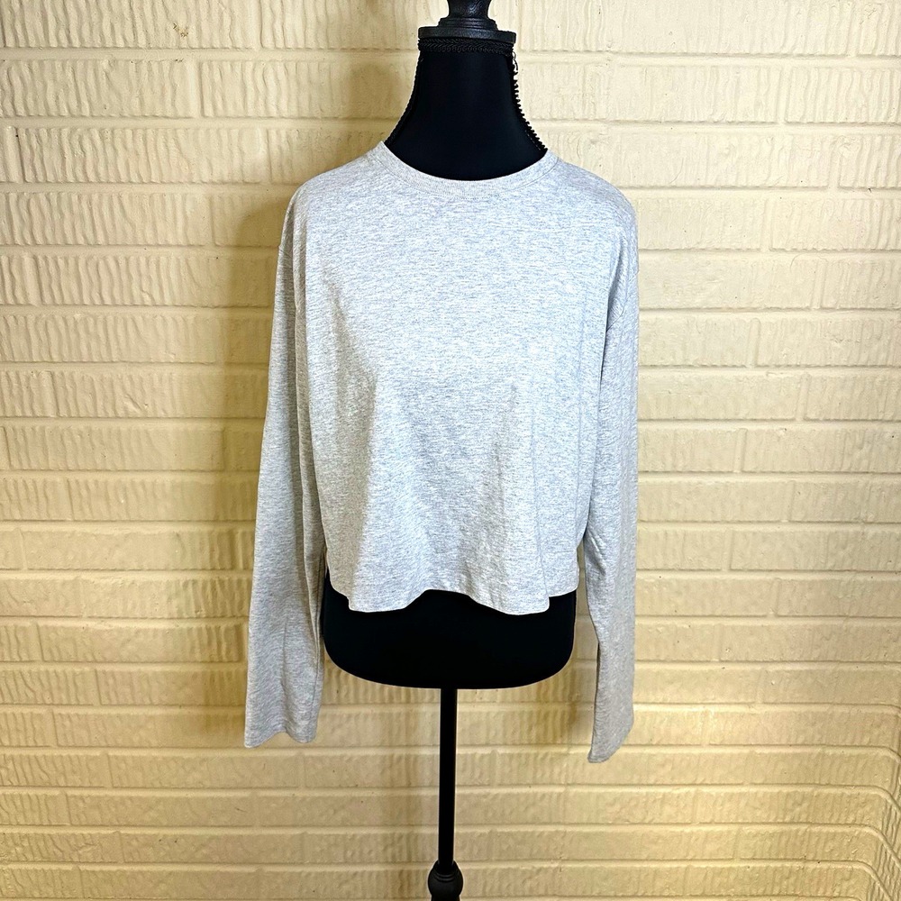 Good American Gray Cropped Long Sleeve Crew Neck Cotton Tee Sz 2 (M) Relaxed